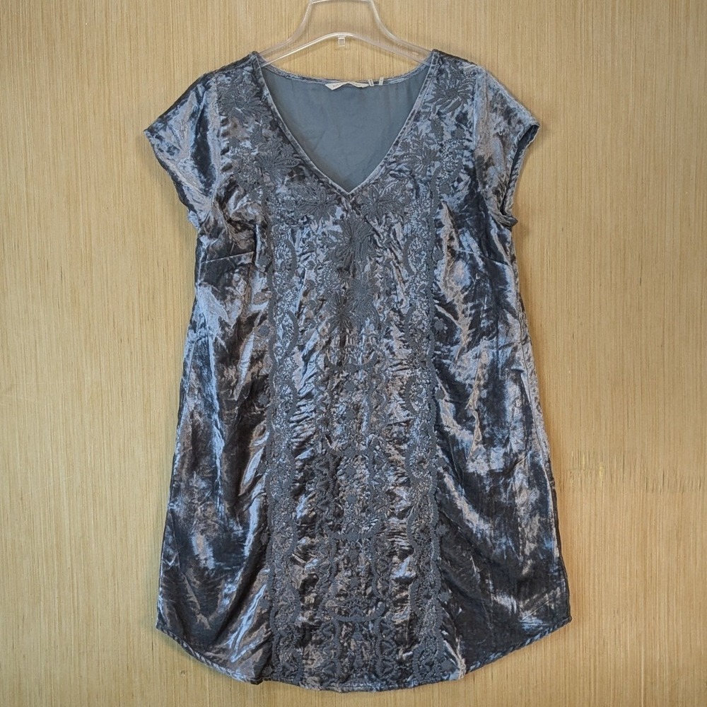Soft Surroundings Boho Crushed Velvet Embroidered Tunic Dress Size M Petite Gray